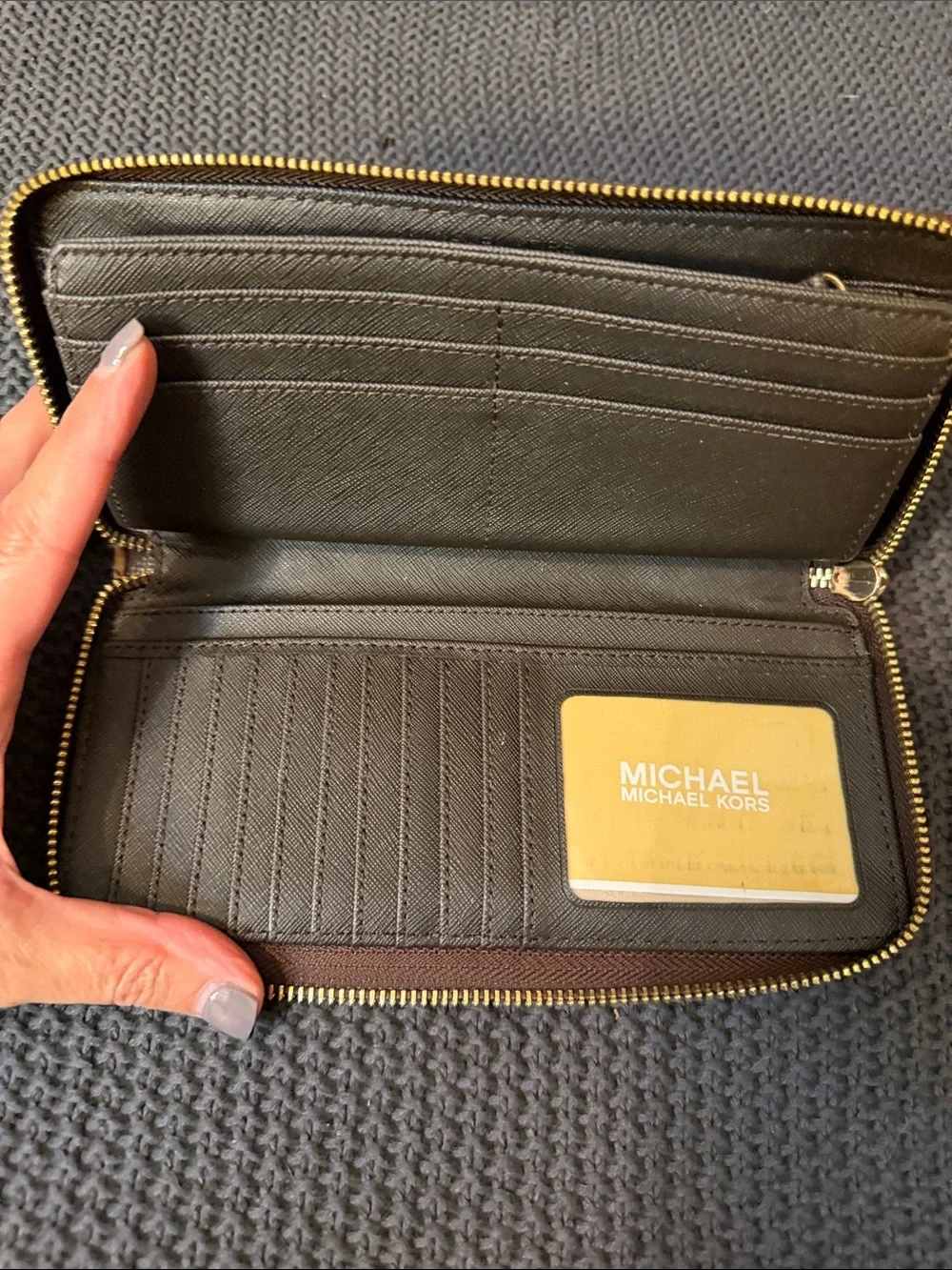 Michael Kors Brown MK Monogram Zip-Around Wallet with Gold Plaque